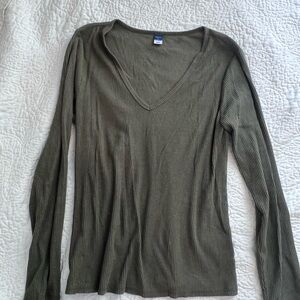 Olive Green V-Neck Ribbed Long Sleeve Top